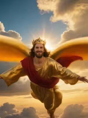 A composite image depicting a celestial figure with a crown and golden wings soaring through a sky filled with clouds and sunlight. The central figure, presumably Jesus, is adorned in gold and red garments, with a halo around their head. The composition is dramatic, with the light radiating from behind the figure emphasizing their divine status.