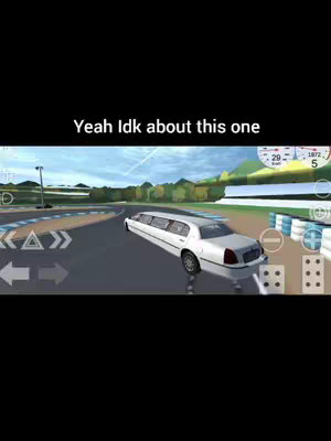 The image shows a game simulation on a mobile device. In the center, a white limousine is depicted on a racetrack with blue and white barriers. Directional buttons and other game controls are visible in the lower corners of the screen. The background shows a green landscape and blue sky.