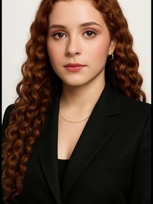 A medium shot features a young woman with a stern expression. She has long, curly auburn hair and is wearing a black blazer. Her gaze is directly at the camera, and the background is a plain white.