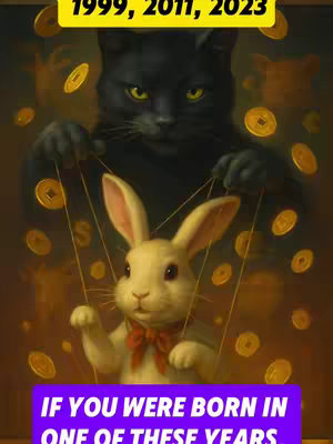 The image is a digital artwork featuring a black cat holding strings attached to a white rabbit. Behind them are gold coins. The top of the image has the years 1999, 2011, and 2023 in a yellow rectangular box. At the bottom of the image, there's a purple banner with the text: 'IF YOU WERE BORN IN ONE OF THESE YEARS.'