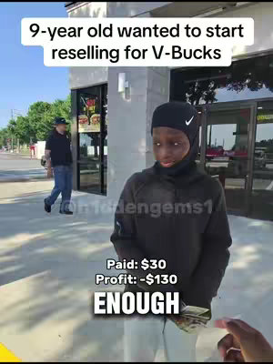 A person in a black hoodie and a black head covering stands in front of a building. Text overlays list the scenario and financial outcomes of a transaction. The background includes a man walking in the distance.