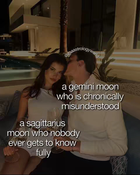 The image shows a romantic scene with a couple enjoying a night out, possibly at a high-end residence due to the setting of the image.  A woman in a white top is looking at the camera while a man kisses her on the cheek. The image is overlaid with white text describing zodiac related traits.