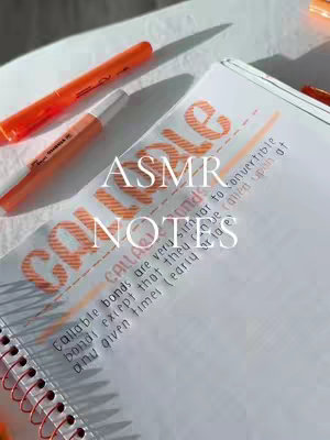 A close-up shot of a notebook with handwritten notes, highlighted with orange markers. Two orange highlighters are also present. The words "ASMR NOTES" in a white font are overlaid on the notebook.