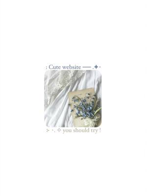 A square cover image with a soft, aesthetic style. A small, centered square frames a scene with white fabric in the background, with a piece of paper and a collection of blue flowers. Above the frame, the text is : Cute website, and under the frame, you can read: you should try.