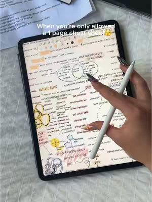 A person's hand with long, decorated nails holds a white stylus and points to the screen of a tablet displaying handwritten notes. The tablet is set on a light-colored surface alongside some sheets of paper. Text overlayed on the image reads, 'When you're only allowed a 1 page cheat sheet.'