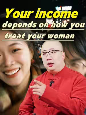 The image displays a man in a red shirt with a shaved head and glasses in the center, looking directly at the camera. Overlaying the man is a woman smiling. Above the man, a yellow text overlay reads, 'Your income depends on how you treat your woman'. The background is a blurred outdoor setting.