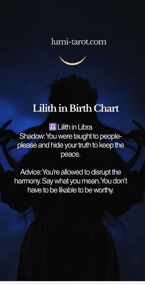 The cover image is a vertical graphic with a dark blue gradient background. At the top, a crescent moon is visible in a lighter shade. The main content, centered, presents text and a symbol. The text reads "Lilith in Birth Chart," and below it, the symbol of Libra followed by "Lilith in Libra." The text is in white, with the subtitle in a slightly larger font, and the body text in a smaller size. A website address is displayed at the top left.