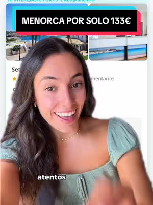A woman with long brown hair is smiling at the camera. A text overlay states Menorca for only 133€. In the background, screenshots of Menorca scenery are displayed behind her.