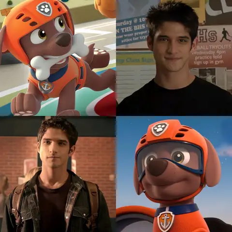 A collage featuring four images with split layout. Top images feature a Paw Patrol character in rescue gear and a young man. Bottom images feature the same young man and another Paw Patrol character in rescue gear. The style blends animation with human likeness.