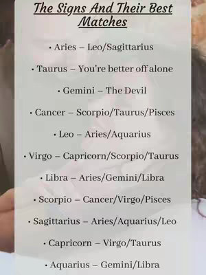 A person's shoulder and hair are visible in the background, overlaid with a transparent white rectangle. Within this rectangle, text lists astrological signs and their "best matches". The text is in a classic serif font, with a black top border for the title.