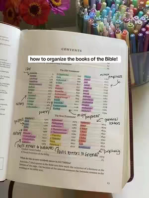 The image shows pages of a Bible open on a table. The pages contain text categorized into different sections with highlighted markers and handwritten annotations. Colorful markers and pens are visible in the background, along with flowers.