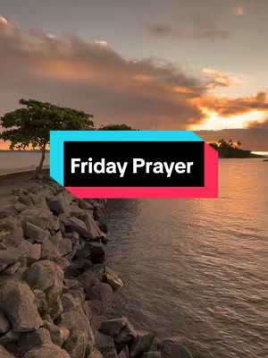 The image shows a serene landscape with a body of water, possibly the ocean or a lake. A pathway or stone wall juts out into the water from the left, and there's a tree atop it. The sky is the focal point with colorful hues of pink, orange, and yellow, likely from a sunrise or sunset. Text in a rectangular box highlights: "Friday Prayer".