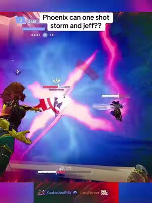 A video game scene with a character in a gold and green outfit, perhaps Phoenix in a Marvel game, striking at two other characters amidst a backdrop of purple and blue energy effects. The layout includes user interface elements common to gaming videos.