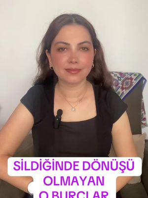 A woman in a black top is sitting on a couch with a neutral background. The overlaying text states 'Silginde Dönüşü Olmayan O Burçlar' in a white font.