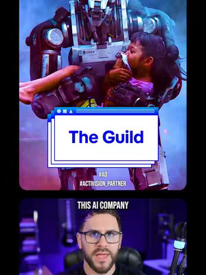 The cover image shows a stylized scene, likely AI-generated. A large, imposing robot or mech is holding a young child in its arms. The child appears to be embracing the robot. Superimposed on the image is a graphic with the text "The Guild." Below the image is a man presenting himself and speaking to the camera. The color palette is dominated by cool tones like blue, purple, and white.