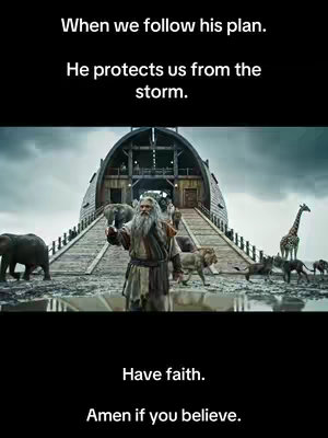 The image depicts a cinematic scene with a dark sky and stormy clouds. At the heart of the image is a depiction of Noah's Ark, with a man resembling the biblical figure of Noah. He is standing on a ramp leading from the ark, pointing forward. Various animals, including elephants, lions, and a giraffe, are seen exiting the ark. The image's layout includes text blocks overlaid at the top and bottom, providing context and a call to action.