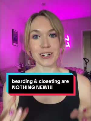 A woman in a black tank top smiles and speaks directly to the camera. Text overlay reads "bearding & closeting are NOTHING NEW!!!". The background has a neon pink glow.