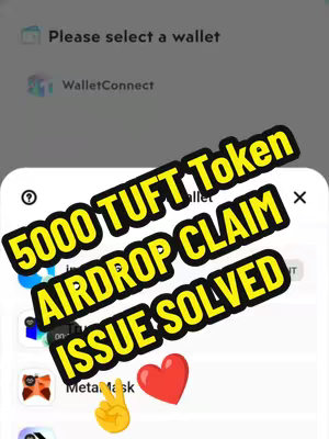 The cover image shows a mobile phone screen displaying a menu with options. The main text overlay is in a yellow-bordered area that says '5000 TUFT Token AIRDROP CLAIM ISSUE SOLVED'. Below this is an image of a peace sign emoji and a red heart emoji.