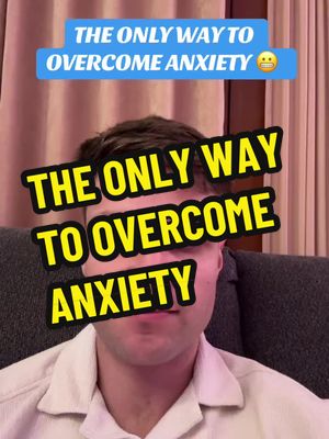 A selfie-style video cover image featuring a man at the center, his face taking up most of the frame. Text overlays are added to emphasize the video's content on overcoming anxiety. In the background, there is a simple curtain adding a soft contrast to the brightly lit face.