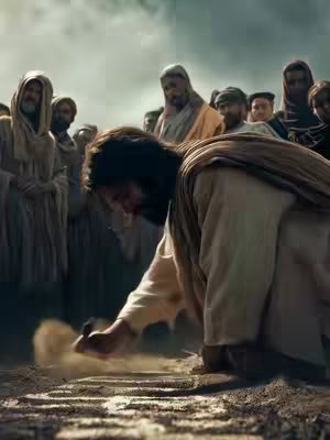 The image shows Jesus kneeling on the ground, writing with his finger. He faces towards the left, with a group of people standing behind him, observing. The setting gives a dusty appearance with a few layers of light. Jesus is wearing a beige robe and has long dark hair. The crowd behind him are also dressed in ancient attire.