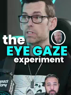 The cover image features a man wearing glasses centered in the frame. Overlaid text reads 'the EYE GAZE experiment' in large, bold letters. A small circular image in the top right corner shows another man. Beneath the main image, at the bottom, is a third man.