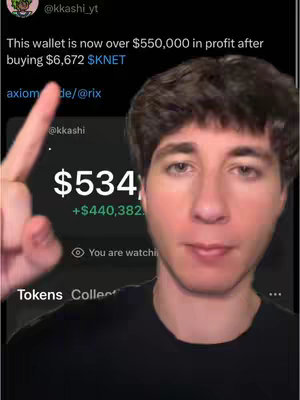 A man points upwards with one finger in front of a screen displaying financial data. The overall composition includes text overlays indicating profit amounts and account information.