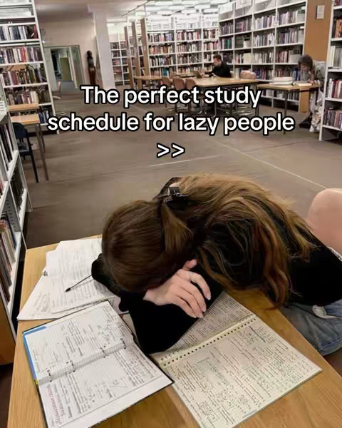 The image shows a person with long hair resting their head on a desk in a library, surrounded by books and papers. The person appears to be sleeping or very tired. Text overlayed on the image reads "The perfect study schedule for lazy people >>".