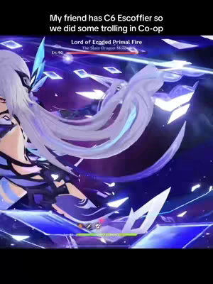 The cover image features a brightly colored scene from the game Genshin Impact. Dominating the frame is a character with long, flowing white hair, rendered in a dynamic pose as if engaged in combat, with energy bursts adding splashes of color. Text overlays describe the situation, including a mention of co-op play and specific in-game elements, with UI elements present at the bottom and top.