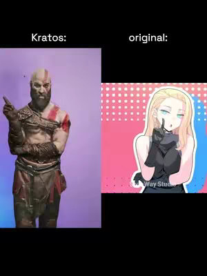 A split image showing two different characters. On the left, Kratos from the God of War series is depicted as a muscular man with a stern expression, pointing his index finger. On the right side the original character from the original video. The background is simple, with Kratos placed against a violet-purple backdrop and an anime styled character with pink and blue background. Text overlays on the top-side of the image. The text identifies each character.