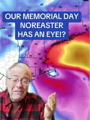An older man with glasses in the foreground gestures with his right hand towards a weather map background. The map depicts a weather system with swirling colors indicating a storm, overlaid with text about Memorial Day and a noreaster.