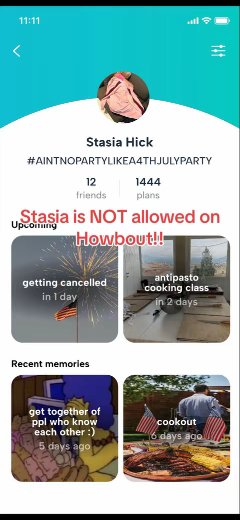 The cover image is a screenshot of a social media profile or app interface. It has a teal background at the top, transitioning to a white area. At the top is a circular profile picture with a woman in a pink jacket. Below are the profile details: the name 'Stasia Hick', and some social media statistics. Under the statistics are rectangular boxes with pictures and text. One box features fireworks with the text 'getting cancelled in 1 day'. Another one shows a dining area with some preparations with the text 'antipasto cooking class in 2 days' and the last two boxes feature photos with the names of activities dated '5 days ago' an '6 days ago'. The hook text is written over the image.