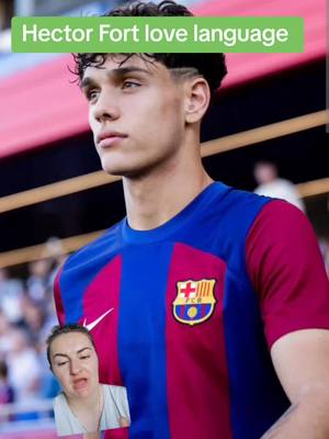 The cover image presents a young man in a soccer uniform with the Barcelona FC crest, set against a stadium backdrop. A small video of a woman appears in the lower left corner covering her mouth in surprise. The text overlay reads 'Hector Fort love language'.