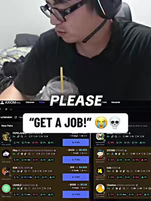 A man in glasses and a headset is looking down at a computer screen loaded with what appears to be a trading platform. Overlay text on the image says, "PLEASE" and a rectangular banner with the text "GET A JOB!" with crying and skull emojis. Below the banner are what seems to be data lists on the screen. The background is a plain, and the lighting suggests an indoor environment.