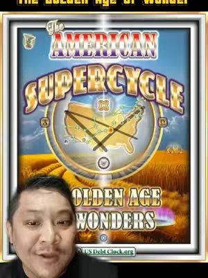 The cover image features a man in the foreground and a framed illustration in the background. The illustration is a stylized gold clock and a map of America over a wheat field. Text in the frame reads "The AMERICAN SUPERCYCLE", and "GOLDEN AGE WONDERS" with "US Debt Clock.org" below it.