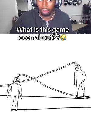 The image is divided into two sections. The top half features a person centered in the frame, with a worried expression, wearing headphones, and a dark shirt. Above the person is a text overlay in white.The bottom half of the image is a cartoon illustration of two figures made of simple lines. They are facing the opposite direction, with a line connecting their heads. They are standing on a horizontal line, the background is white.