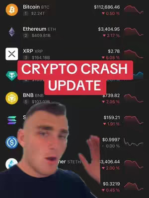 The cover image is a split-screen presentation. On the left, a man is shown from the chest up giving a shocked reaction. His facial expression is one of surprise with his mouth slightly open. He is wearing a dark-colored shirt, against a dark background. On the right side of the screen is a display of crypto charts with a red overlay that reads 'CRYPTO CRASH UPDATE'. The charts show several cryptocurrencies, Bitcoin, Ethereum, XRP, BNB, and others. The chart data is presented next to each crypto indicating the price, value, and percentage change, with the majority showing decreasing values.