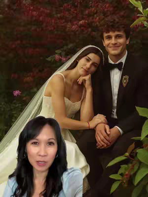 The cover image presents a split-screen effect. The top portion features a posed photo of a newly married couple, the woman in a wedding dress and veil, leaning her face on her hand, and the man in a suit, smiling at her. The foreground features a casual selfie of a woman looking attentively.