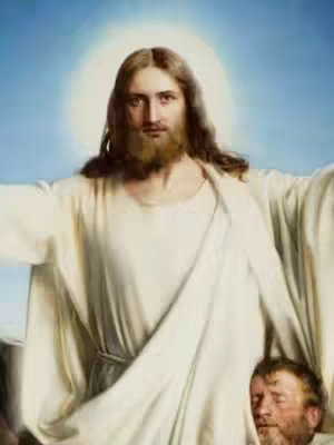 The image is a religious depiction featuring Jesus Christ. He is in the center, his arms outstretched, wearing a white robe, with a light emanating from behind his head. Below him, partially visible, is the face of a man looking upwards.