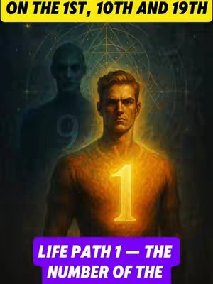 The image features a stylized, digitally enhanced illustration. A man with a serious expression is at the forefront with a bright gold overlay in the shape of a number '1' on his chest, emanating light. Behind him, set against a dark, blurred background, is the ethereal form of another figure that looks like a shadow. At the top of the image, there is a yellow banner with the words 'ON THE 1ST, 10TH AND 19TH' in bold, black text. Below the main subject is a purple banner with white text reading 'LIFE PATH 1 - THE NUMBER OF THE'.