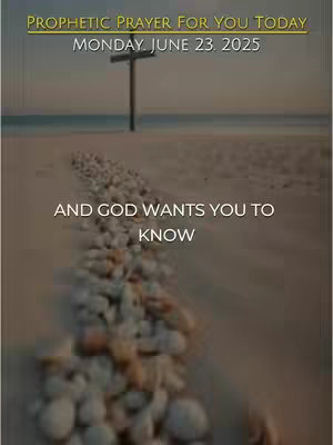 The image depicts a serene beach scene at dusk or dawn. The foreground shows a pathway of light-colored stones, leading towards a cross positioned at the horizon. The sky has shades of pink, yellow, and blue, creating a soft, gradient background. The text overlays on the image include a title at the top and a message at the bottom.