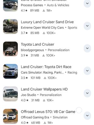 A screenshot showing a list of apps related to Land Cruiser cars on a white background. Each listing has a small thumbnail, title, developer, rating and download information.