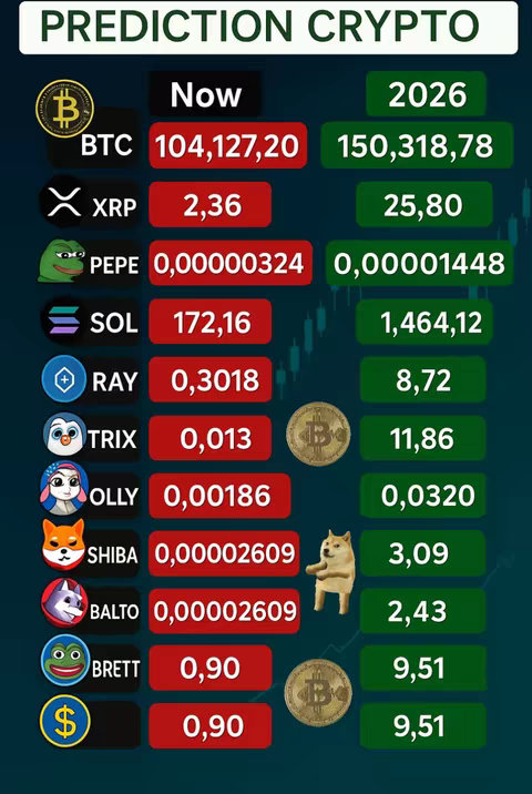 The image is a table showing cryptocurrency predictions. The top of the image reads "PREDICTION CRYPTO". The table lists different cryptocurrencies with values for "Now" (current value) and "2026" (predicted value). Icons representing several cryptos like Bitcoin, XRP, followed icons and names of other cryptos like PEPE and Shiba. Also, DogeCoin is added as a 3D model.