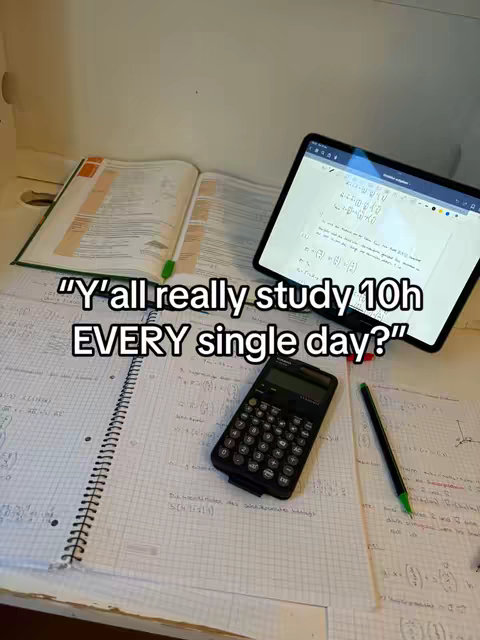 An overhead shot of a workspace with a notebook, open textbook, calculator, tablet displaying math equations, and a pen. Text overlayed on the image asks if people study for 10 hours every day.