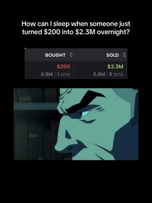 The image is a meme-style graphic. It centers around a screen capture of a trading interface showing a successful investment in a cryptocurrency. The overlay is a still image of a man with a very intense expression, gazing to the side, with a text overlay above it, suggesting envy or incredulity. The color palette is cool, with teal and grays, dark elements which enhance the dramatic feeling.