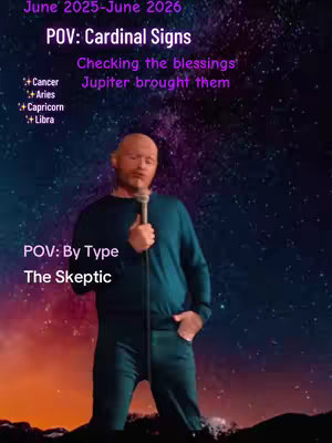 The image shows a man standing, holding a microphone, with text overlayed. The background depicts a starry night sky above a gradient of colors. The man is wearing a blue shirt and set of pants, with the microphone in his right hand. The text includes astrological references and commentary.