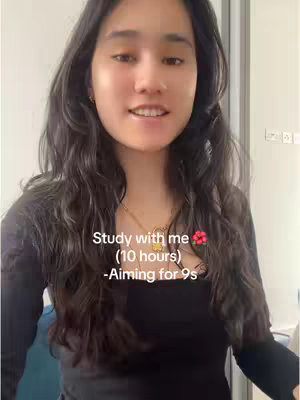 A young woman with long, dark, wavy hair smiles, looking toward the camera. Text overlay includes 'Study with me,' a time of 10 hours, and the goal of achieving 9s. A light-colored wall forms the background.