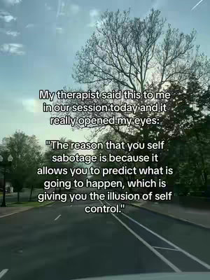 The cover image shows a view from inside a moving vehicle looking out at a road and sky. Text overlays, with a quote about self-sabotage, are added to the image.