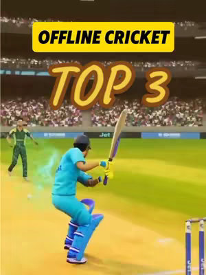 A cover image displays a stylized cricket match scene. A batsman in blue is mid-swing, with the bat connecting with the ball. In the background, a bowler prepares to bowl, and a crowd fills the stands. The words 'OFFLINE CRICKET' are in a yellow banner, and 'TOP 3' is in a stylized font below.