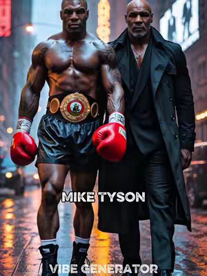 The cover image features two versions of Mike Tyson set against a blurred city backdrop. The Tyson on the left is muscular, shirtless, and wearing boxing shorts and a belt. The Tyson on the right is older, wearing a black coat, and exudes a more mature demeanor. The text overlays, 'MIKE TYSON' and 'VIBE GENERATOR'.