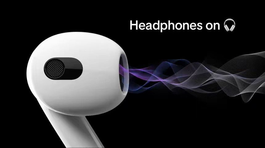 The cover photo displays a white AirPod on a black background. The AirPod is angled towards the viewer, with a purple, wavy line seemingly emanating from the opening of the AirPod, suggesting sound waves. The text 'Headphones on' is written in white at the top.
